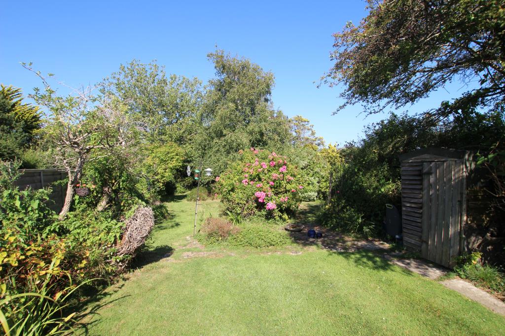 Lot: 129 - DETACHED BUNGALOW LET ON REGULATED TENANCY - Lawned rear garden with trees taken August 2024